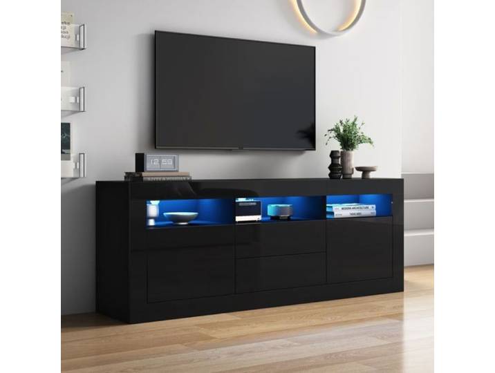 Meuble TV Noir Laqué Brillant 160x35x60cm Éclairage LED 2 Portes 2 Tiroirs 3 Compartiments noir MEUBLE TV