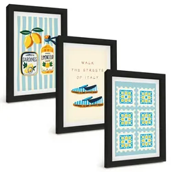 BILDER SET 3er Set - 20x30 cm Schwarzer Rahmen - Früchte, Elemente der italienischen Kultur