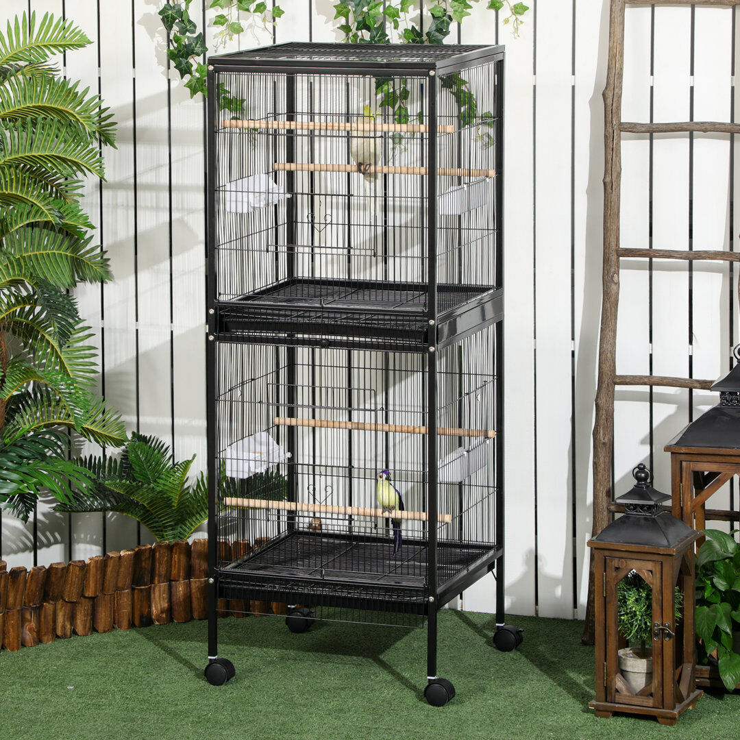 PawHut 2 In 1 Large Bird Cage Aviary with Wheels Slide-out Trays Wood Perches Black 140cm H X 51.5cm W X 50cm D