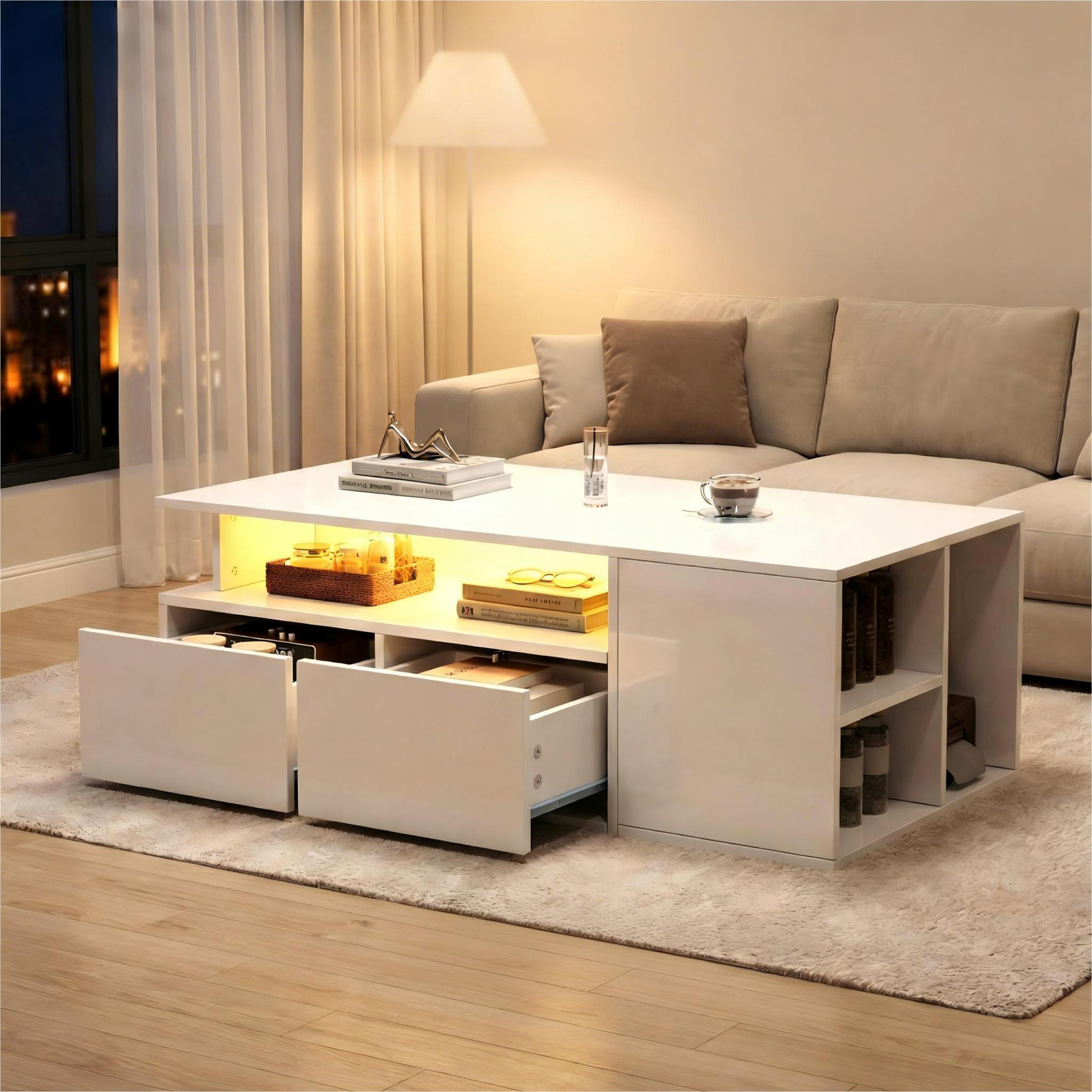 Rolipo Witte salontafel met LED-verlichting en 2 lades