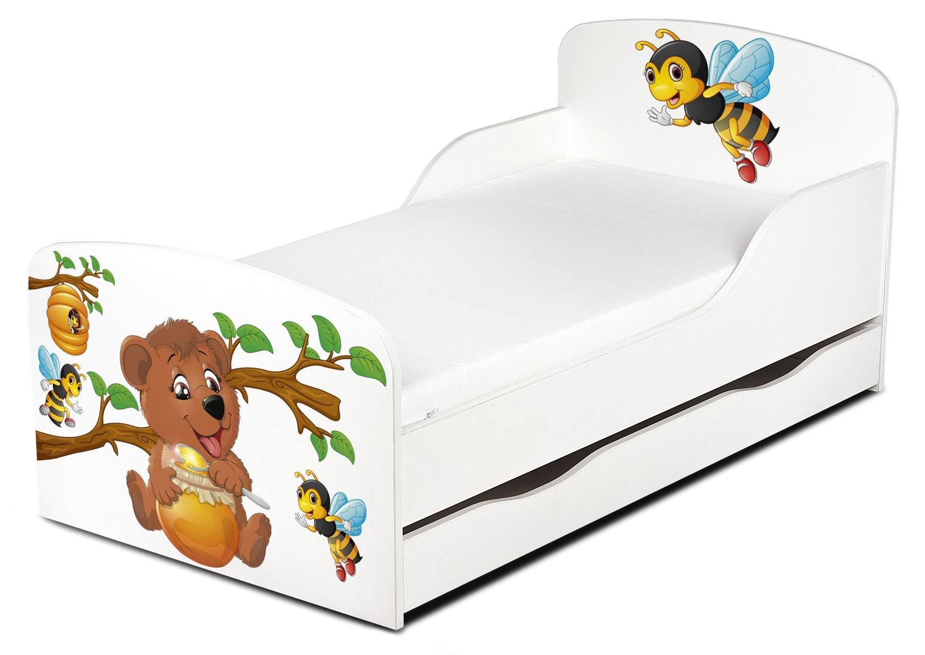 Modernes Weißes Holz-Kinderbett mit Schublade und Matratzen 140x70 cm - UV-Druck (Teddybär und Bienen)