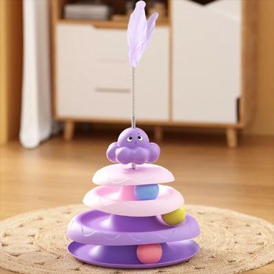 Inspired Living 3 Tier Interactive Cat Toy Turntable With Feather Teaser purple With Feathers