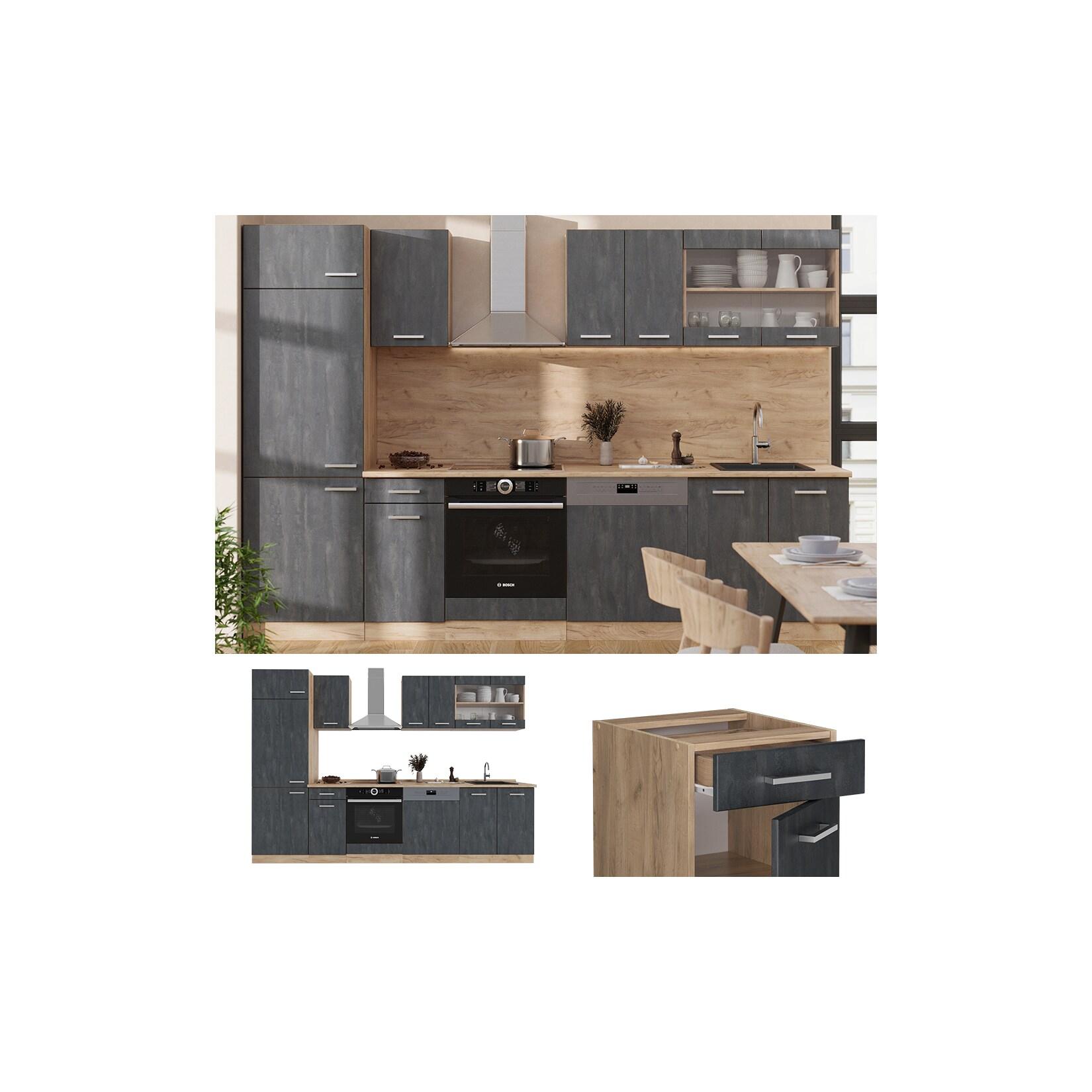 Vicco Küchenzeile R-Line 300 cm Schwarz Beton Eiche ohne Arbeitsplatte