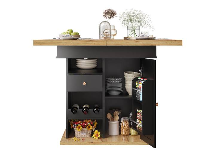 Flieks Esstisch Ausziehbar 110-140cm Klappbar Snack Weinregal, Schwarz, 110x75x80 cm, Esszimmer, Esstische
