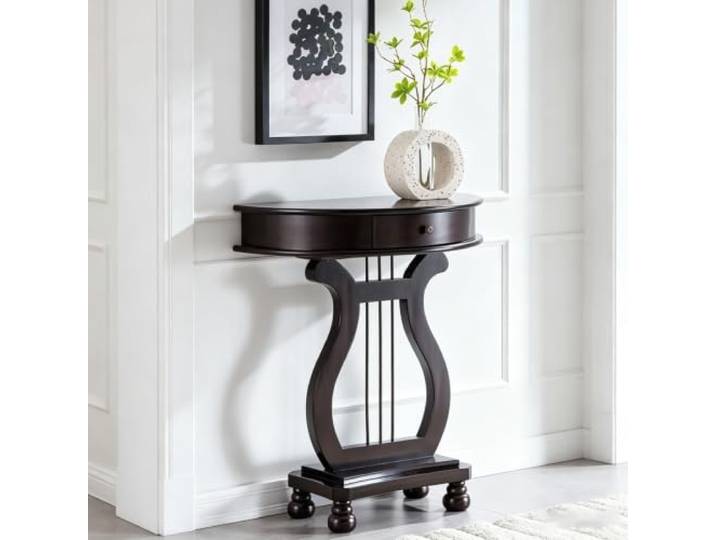 Schmaler Konsolentisch aus Holz, Halbrunder Beistelltisch mit Schublade Massivholz, Flurmöbel, Eingangsbereich, Retro-Stil, Stabiler Stand(Dark Walnut)