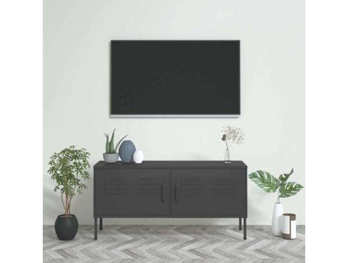HEFZGDB TV-Schrank Anthrazit 105x35x50 cm Stahl mit 2 Türen und Regalboden, 4 Kabelmanagement-Löcher, Nivellierer, robuste Stahlkonstruktion für Wohnzimmer, modernes Möbelstück