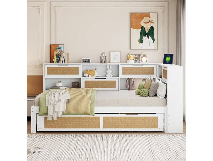Lit gigogne multifonction AESVAR 90x200 cm avec rangements intégrés port USB blanc