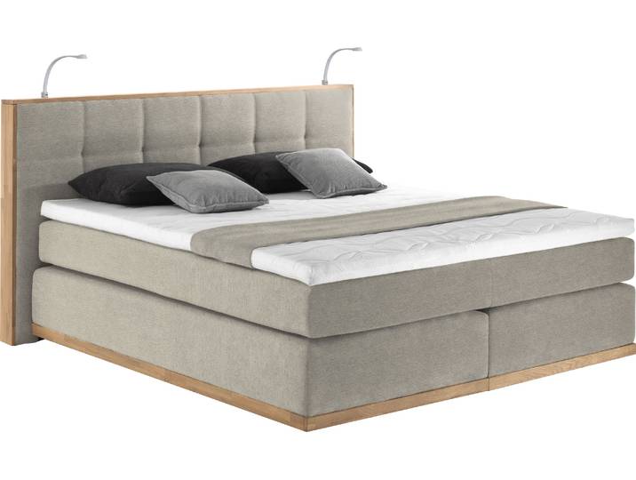 Boxspringbett HOME AFFAIRE Vinton , beige, B:220cm L:213cm, Komplettbetten, Boxspringbett, aus Eiche, mit LED-Beleuchtung, verschiedene Härtegrade (auch H4)