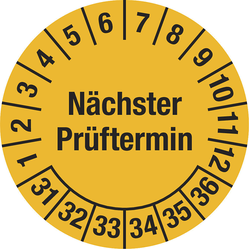 kaiserkraft Mehrjahresplakette, Nächster Prüftermin, Dokumentenfolie, Ø 20 mm, 31 - 36, gelb