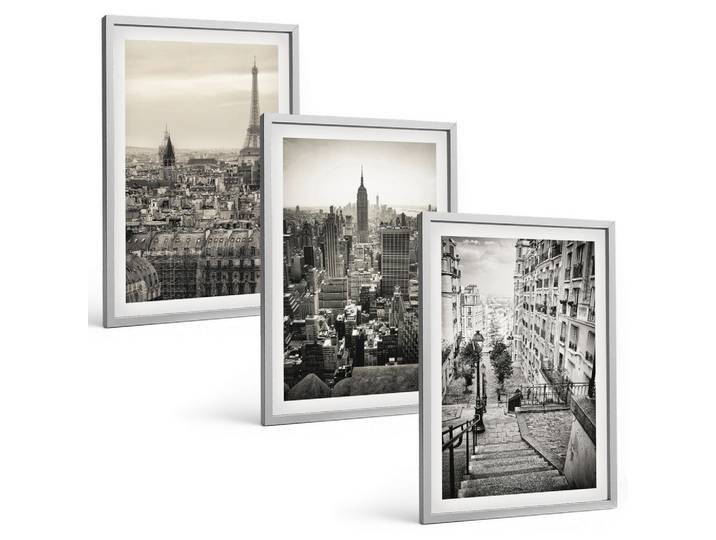 BILDER SET 3er Set - 40x60 cm Silberner Rahmen - Aussicht Paris New York Treppen