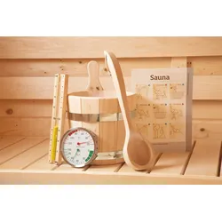 Saunaset mit Sanduhr, Eimer, KS-Einsatz, Schöpfkelle, Klimamesser, Saunaregeltafel