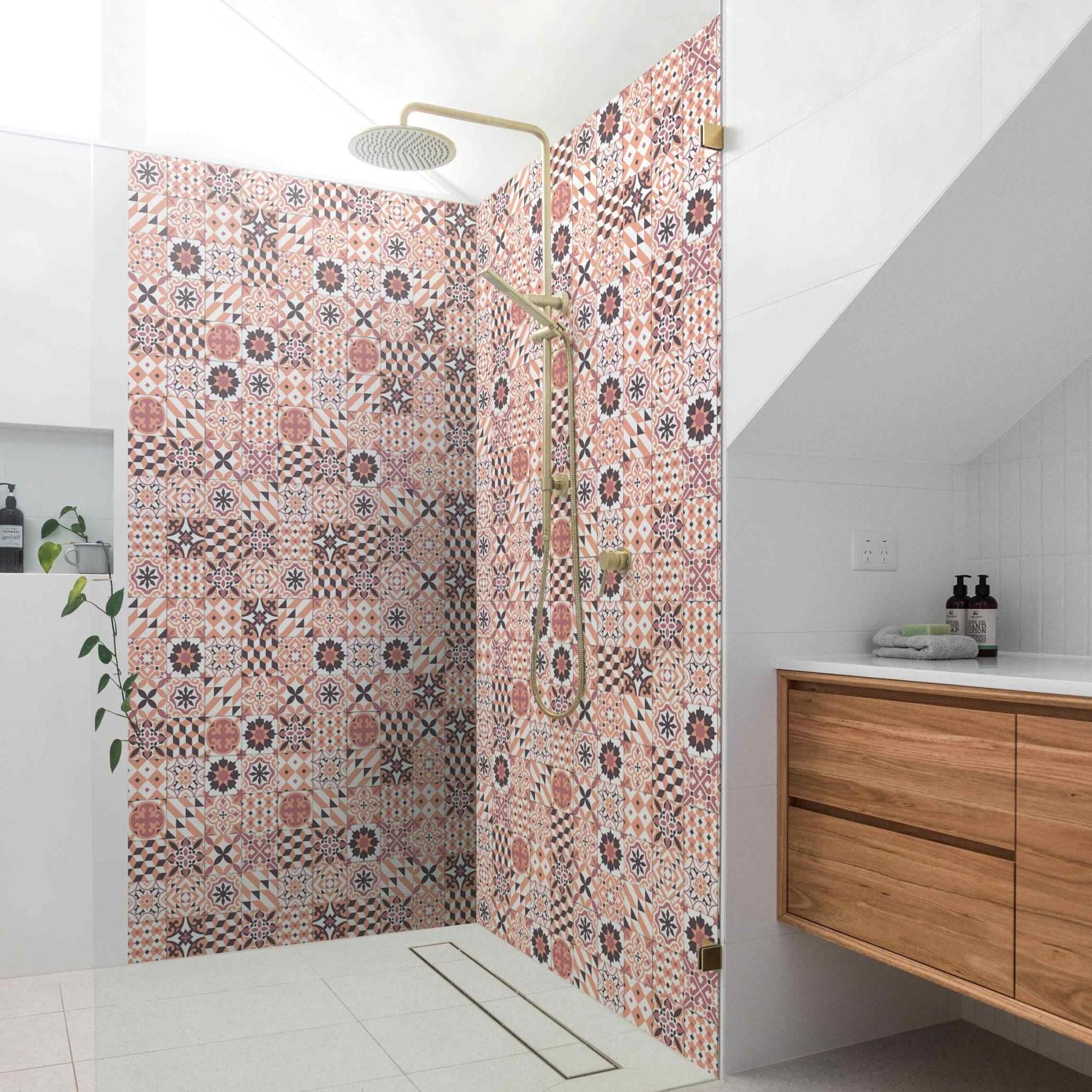 Duschrückwand mit Motiv selbstklebend - 0.61 mm Wandpaneel wasserfest Design orange Fliesenoptik Illustration Badrückwand fugenlos Premium matt 100x190 cm
