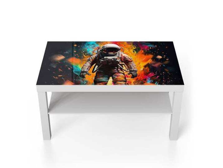 DEQORI Glastisch weiß groß 90x50 cm Motiv Kosmische Reise ausgefallener Beistelltisch aus Glas Hochglanz Couchtisch fürs Wohnzimmer moderner Couch Tisch mit Design