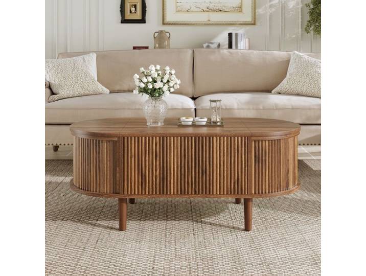 Table Basse Ulsam Ovale Relevable 100x48 cm pour Salon avec 2 Coffres Latéraux Façades Rainurées et Pieds en Bois Massif - Noyer