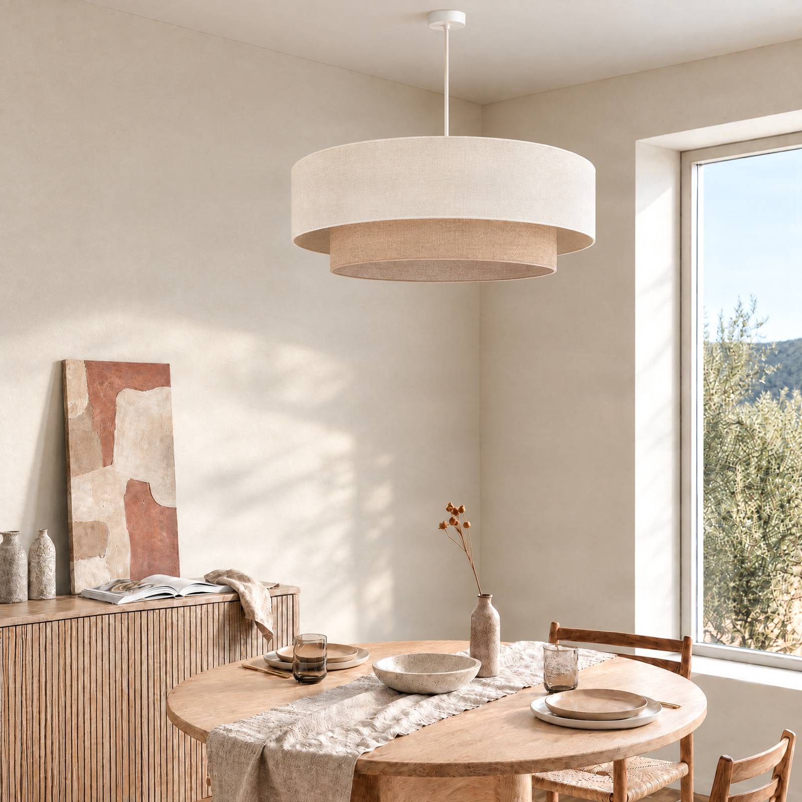 Hängelampe Boho Duolla, creme / amber, für Schlafzimmer, Textil / Stoff / Seide, Pendelleuchte