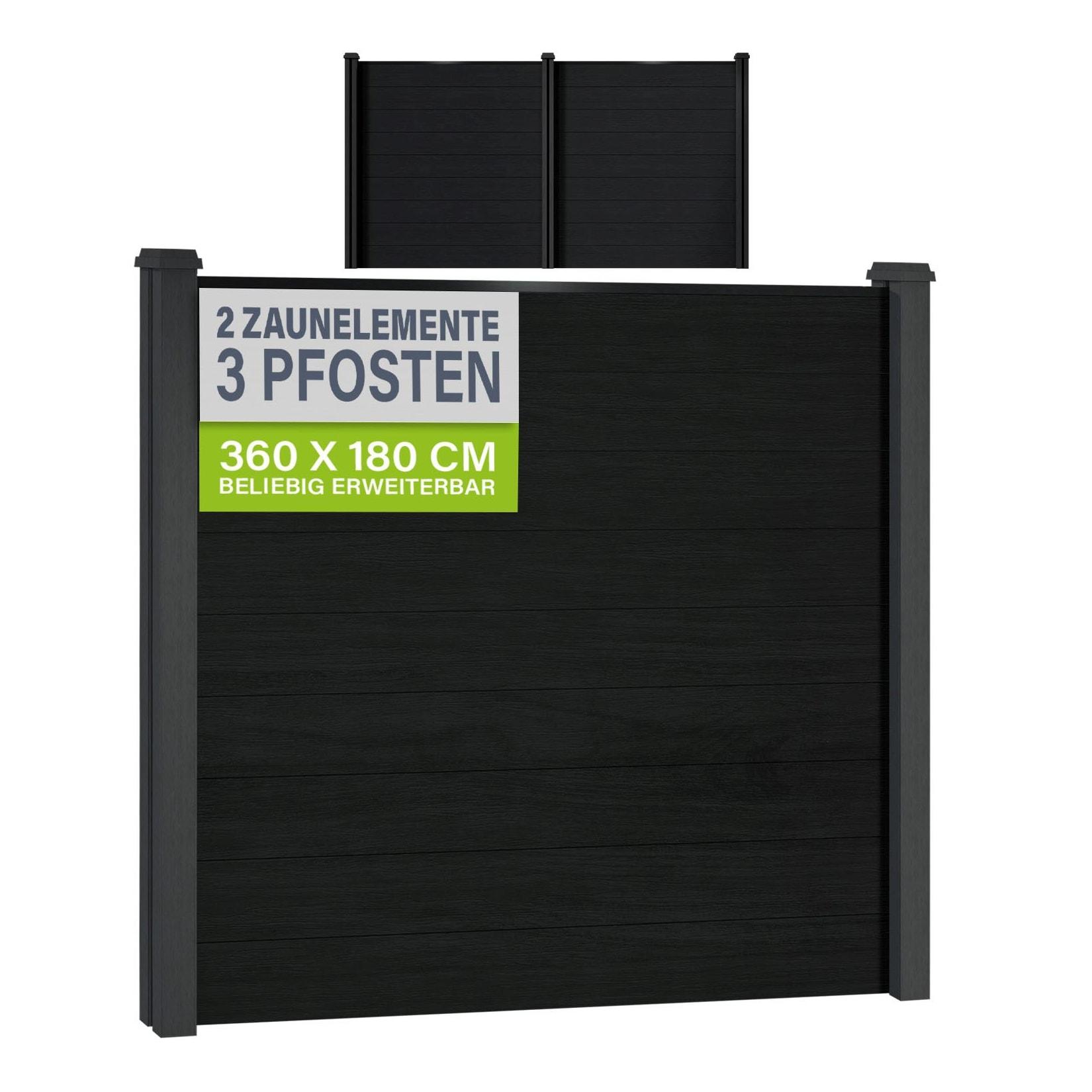 JUSKYS® WPC Sichtschutzzaun 2er Set - 2x Element + 3x Pfosten & Zubehör, Gartenset WPC- & Stahlkonstruktion, Anthrazit / Grau