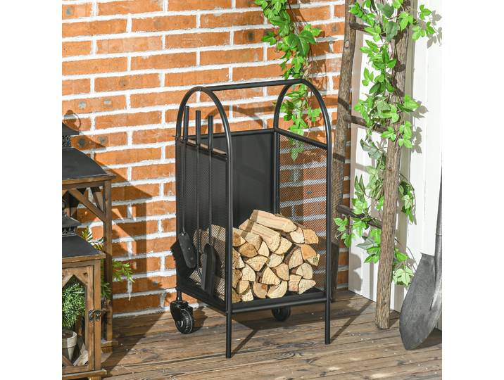 Outsunny Range-Bûches Métal Noir avec Accessoires et Roulettes