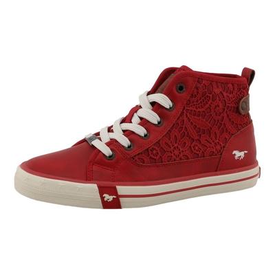 Sneaker MUSTANG SHOES "Winona", Damen, Gr. 37, rot, Lederimitat, Textil, Schuhe Sneaker, Schnürboots, High Top-Sneaker mit Blüten-Stickerei