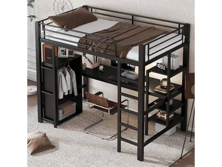 Ball & Cast Hochbett (90x200cm) mit Lagerregal und Kleiderschrank, Eisernes Bettgestell mit Tisch + Leiter und Hohem Geländer, Einfach & Zeitsparend Montierbar, Schwarz