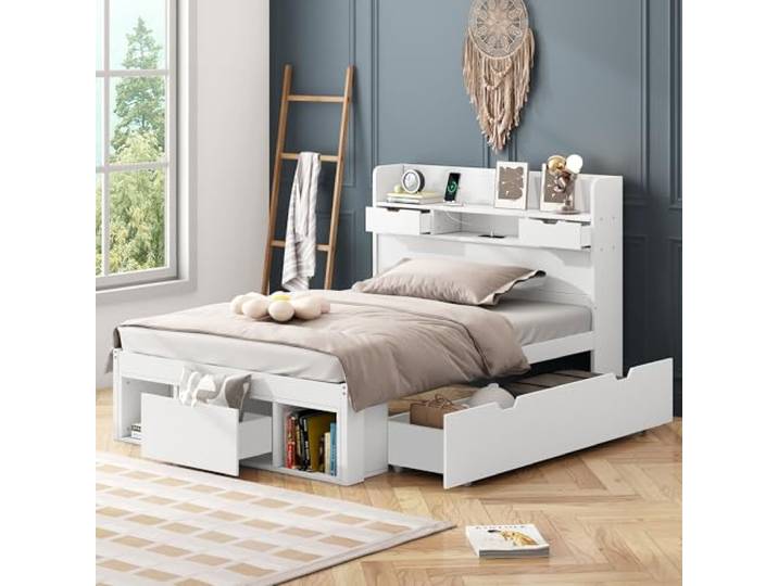 Merax Einzelbett 90x200 cm mit USB-Anschluss & Typ-C, Jugendbett Kinderbett mit Schubladen & Stauschrank, Multifunktionsbett Holz, Bettgestell weiß aus Kiefernholz & MDF, ohne Matratze