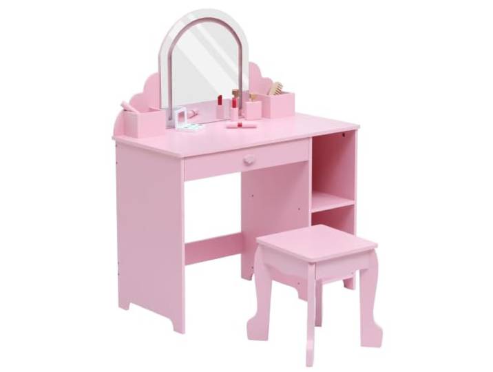 RBFGYIOP 2-in-1 Kinder-Schminktisch mit LED-Spiegel, Hocker, Schublade & Ablagen – höhenverstellbare Beleuchtung, Holzspielset für Mädchen – Rosa (mit Zubehör)