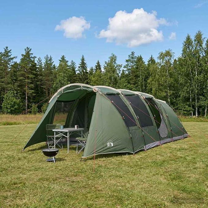 Tunnelzelt Grün 675 x 392 x 210 cm, wasserdichtes Outdoor Zelt mit Fiberglasgestell, 10 Personen Familienzelt, leichtes Campingzelt mit Vorraum und Moskitonetz für Trekking Festival Schutz