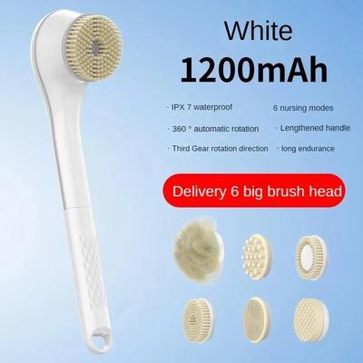 Inspired Finds Electric Bath Brush With 6 Replaceable Heads Waterproof Rotating Body Scrubber white