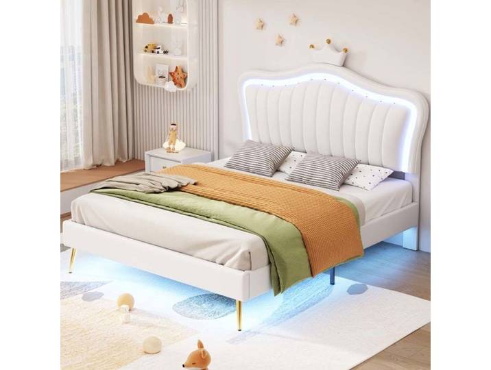Lit enfant rembourré 140x200 - Modèle Coquillage et Couronne - LED multicolore - Sommier à lattes - Similicuir PU