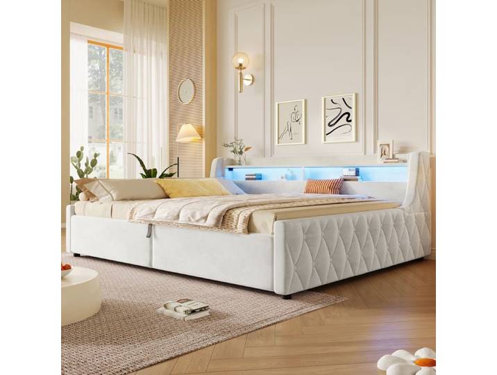 Lit plateforme - ZEVKOR - Lit Plateforme Double 140×200 cm - Rangement hydraulique - LED intégrée - Flanelle beige