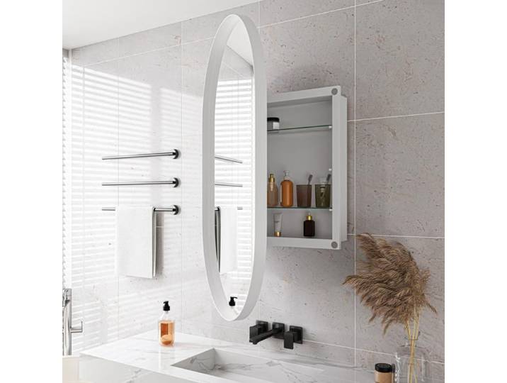 Armoire murale salle de bain - DREAMMESPACE - Miroir ovale - 85x51.5x12cm - Métal - Blanc