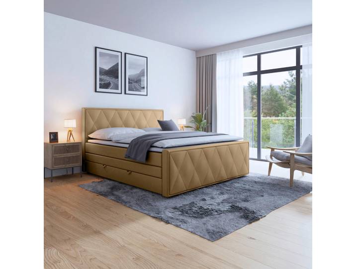 Boxspringbett, Beige, 180x200 cm, Textil, Bettkasten & 7-Zonen-Matratze, Modern, MID.YOU