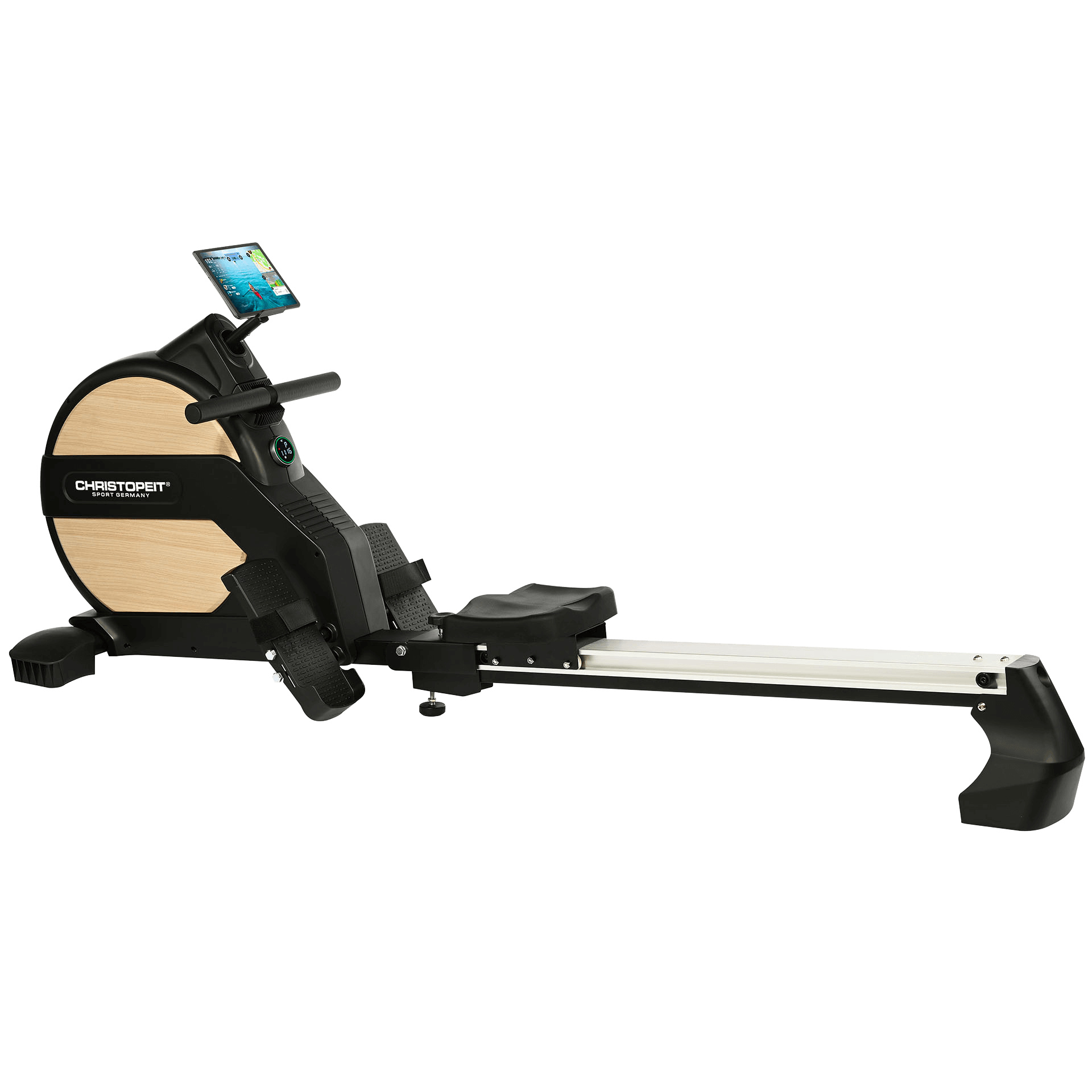Christopeit Ruderzugmaschine Vico - 32-stufiges Magnetbremssystem, 16 Trainingsprogramme, LED Smart Control Computer mit LED-Ring, Gepolsterter Komfortsitz mit kugelgelagerten Sitzrollen, Bluetooth-Pulsgurt kompatibel, Klappbar & platzsparend, Eleganter Holzlook