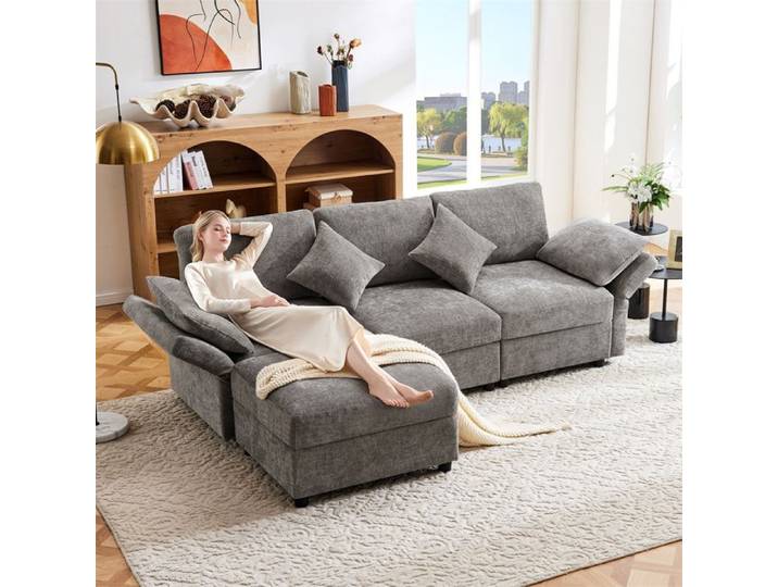 DRIPEX Canapé d'angle en L moderne en tissu chenille canapé 3 places avec accoudoirs réglables repose-pieds