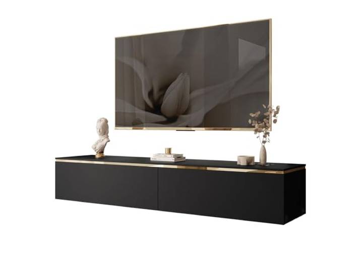 lukmebel - TV-Schrank Sideboard für Wohnzimmer Lowboard TV-Board Fernsehschrank - Fernsehtisch RTV-Schrank Hängend - 180x40x32 - Schwarz Matt Gold - Aurora
