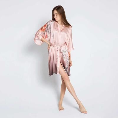 KIM + ONO Botan Silk Short Kimono Robe   Ombre Kimono Robe - peach blush / one size