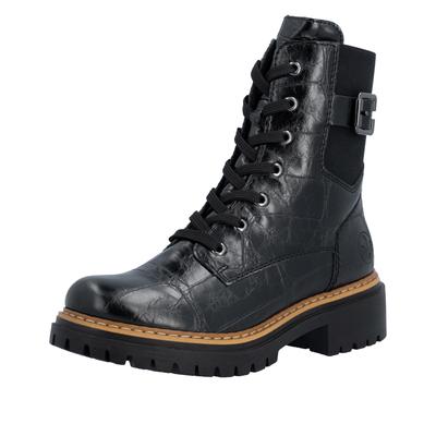 Schnürboots RIEKER, Damen, Gr. 38, schwarz, Lederimitat, Schuhe Schnürboots, Schnürstiefelette, Blockabsatz in Used-Optik