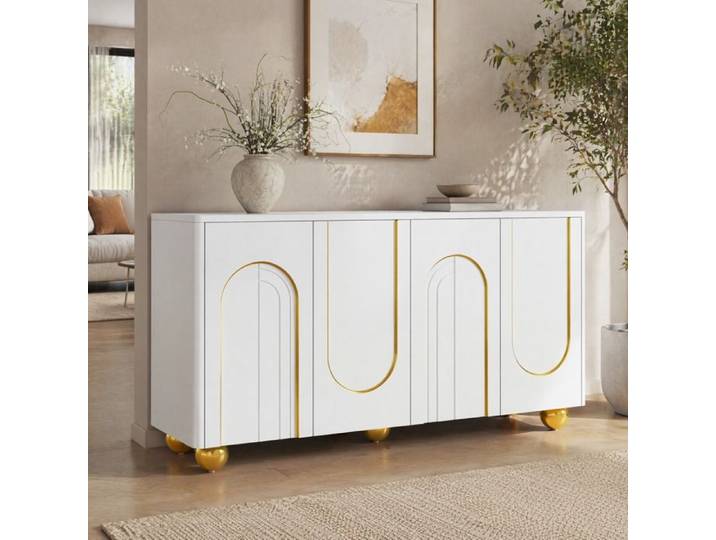 ELVORIN Buffet bas 4 portes 140 x 40 x 74 cm blanc décor arche dorée pieds sphériques en métal charnières amorties