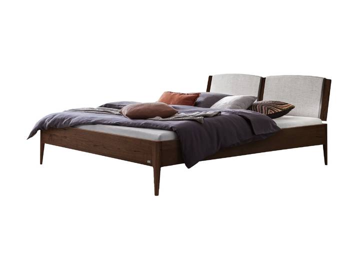 Bettgestell, Nussbaum Massivholz, Braun, 146×206 cm, Gepolstertes Kopfteil, Klassisch & Modern, Hasena