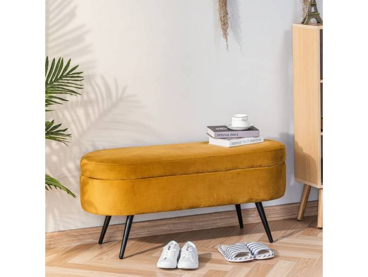 Banc coffre en métal et velours jaune moutarde