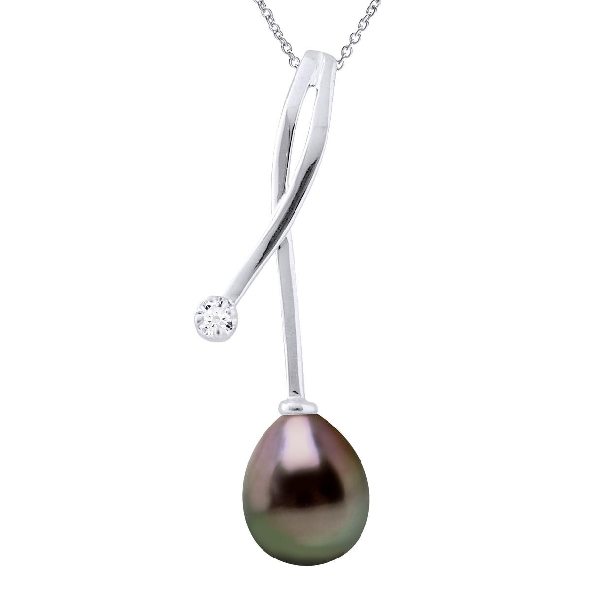 Halsketting Sieraden Diamanten 0,02 Ct Wit Goud - Tahiti Parel Peer 8-9 mm