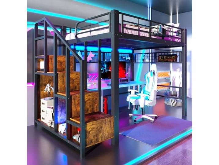 BTM Metall Hochbett 140x200 mit Stauraum, Aufhängen & LED Beleuchtung Hochbett Jugendliche mit Treppe, Schwarz