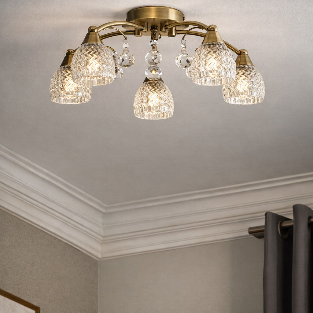 Rosdorf Park Toston 5 Light Glass Droplets Semi Flush Ceiling Light Antique Brass 18cm H X 40cm W X 40cm D