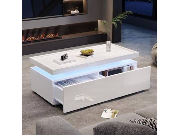 Merax Couchtisch Weiß Hochglanz, Wohnzimmertisch mit 2 Schubladen, Moderner Sofatisch mit Stauraum,Beistelltisch für Wohnzimmer 95x45x35cm