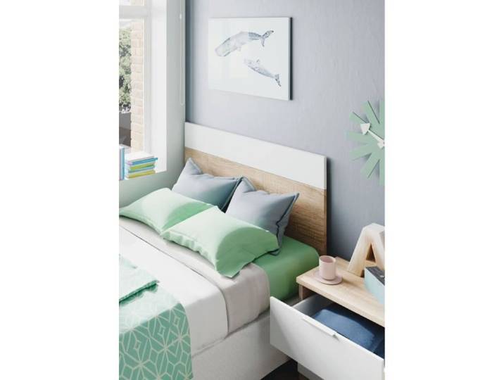 Dmora Table de chevet Dfarron Table de chevet deux tiroirs avec tête de lit pour lit simple 50x38h75 cm Chêne et Blanc