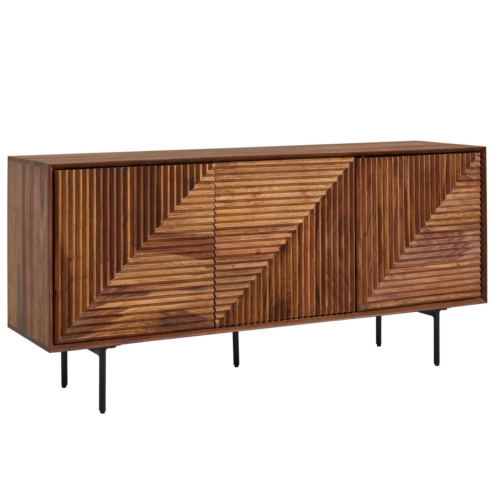 Massivholz Design Sideboard 150cm Sheesham Kommode mit 3 Türen Retro Design Metall schwarz
