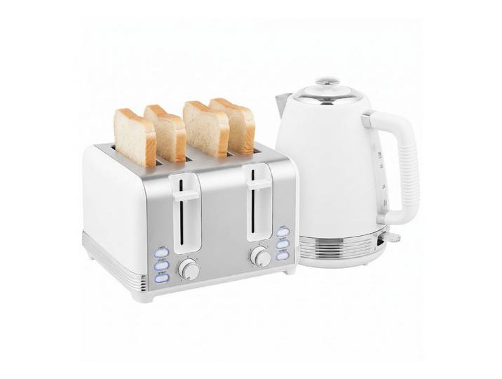 Ledklang Toaster Wasserkocher Set Edelstahl Wasserkocher 1,7L und 4 Schlitz Toaster, 2200 W, Wasserkocher und Toaster Stahl, Weiß