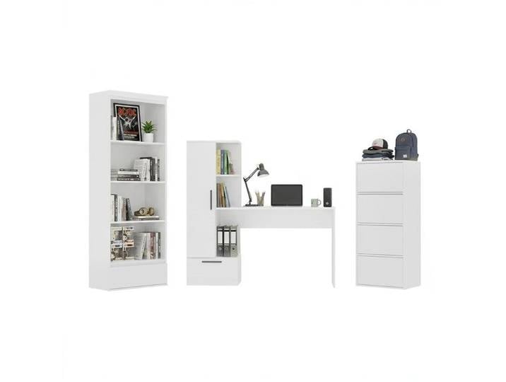 Ensemble de mobilier : bureau Cosmo + commode Alma + bibliothèque Palermo BLANC pour chambre