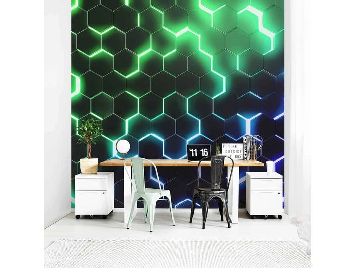 Fototapete Hexagone Neon Grün Blau 288 x 288cm 288 x 288 cm