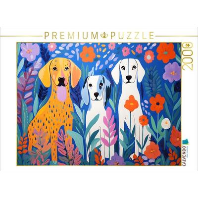 CALVENDO Puzzle Drei Hunde sitzen zwischen Blumen im Garten | 2000 Teile Lege-Größe 90x67cm Foto-Puzzle für glückliche Stunden