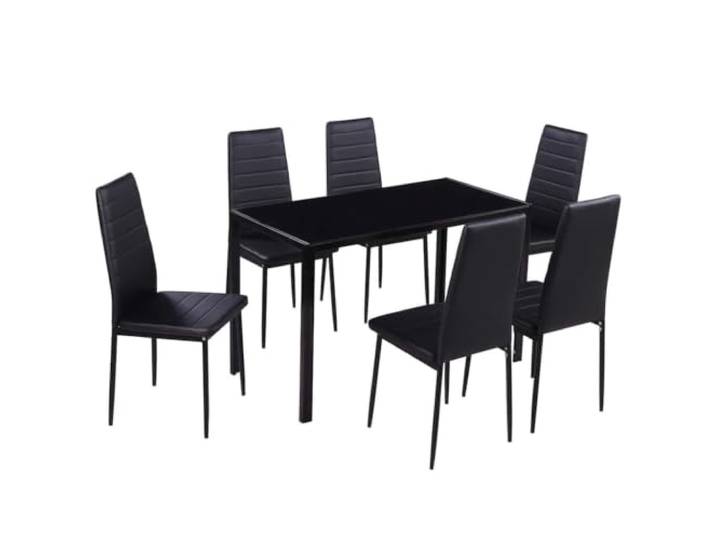 Esszimmermöbel Set 7 Elemente Schwarz Tisch aus Gehärtetem Glas, 6 Stühle, Kunstlederbesatz, einfache Reinigung